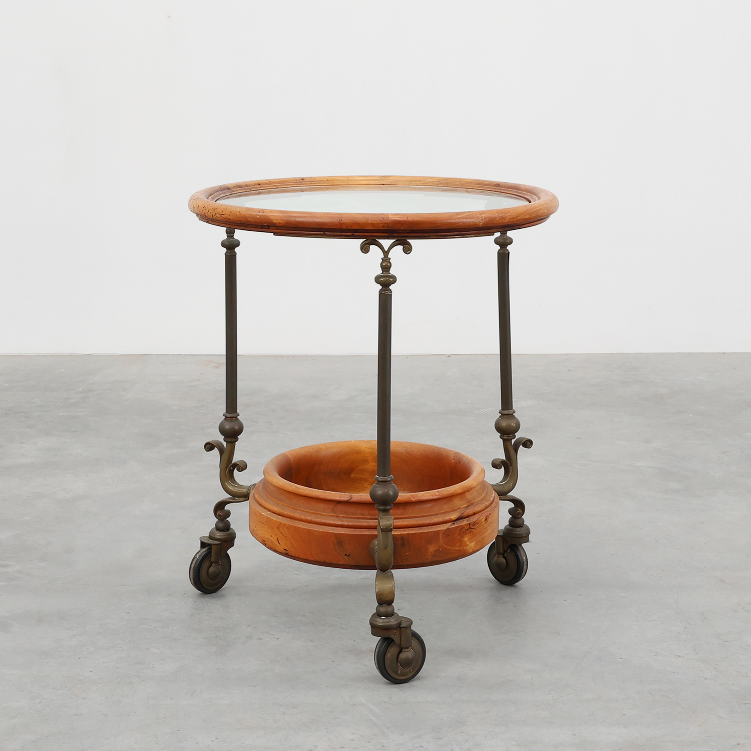 Rustic Copper and Walnut Serving Trolley with Glass Top, France ca. 1900-img